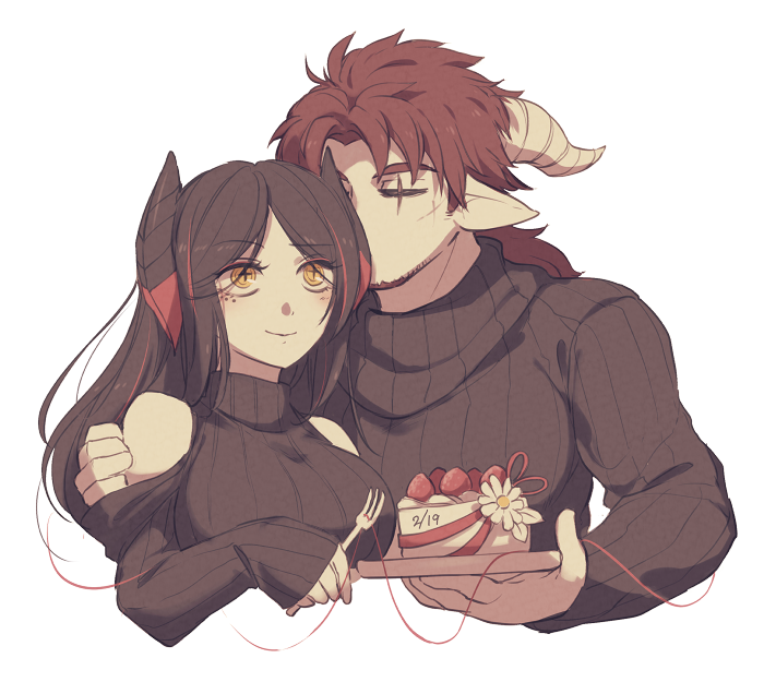 +_+ 1boy 1girl arknights birthday_cake black_hair black_sweater blush cake closed_eyes closed_mouth clothing_cutout cropped_torso dated facial_hair food fork fruit goatee hand_on_another's_shoulder hetero hoederer_(arknights) holding holding_fork holding_plate horns ines_(arknights) kiss lari_lab long_hair long_sleeves multicolored_hair parted_bangs plate pointy_ears redhead ribbed_sweater scar scar_across_eye shoulder_cutout simple_background sleeves_past_wrists smile straight_hair strawberry streaked_hair sweater turtleneck turtleneck_sweater white_background yellow_eyes
