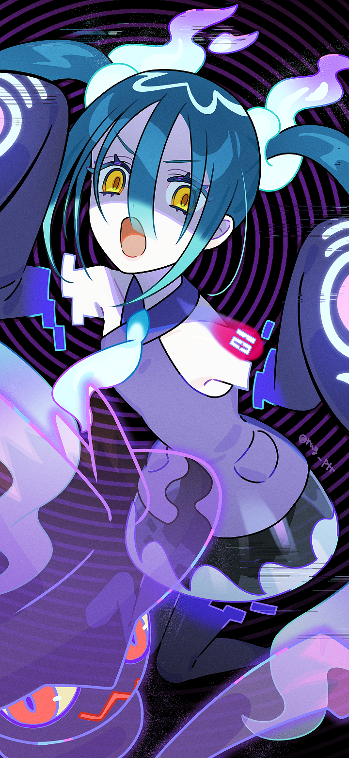 1girl :o bare_shoulders black_pantyhose brown_pupils commentary_request crossover detached_sleeves dress eyelashes ghost_miku_(project_voltage) green_hair grey_dress hair_between_eyes hatsune_miku highres long_hair looking_at_viewer mismagius open_mouth pantyhose pokemon pokemon_(creature) project_voltage puteru sleeveless sleeveless_dress tongue twintails vocaloid yellow_eyes