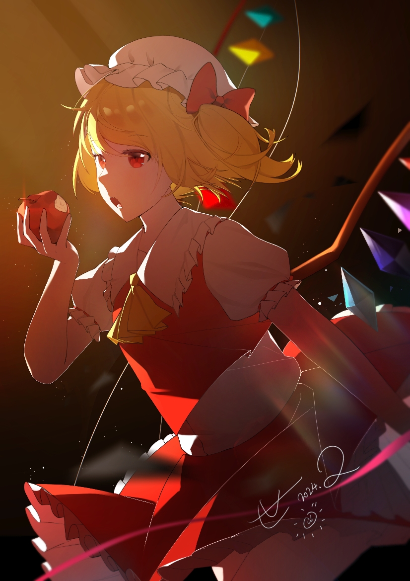 1girl apple ascot chenshijian cowboy_shot crystal_wings dress flandre_scarlet food frills from_side fruit hat hat_ribbon holding holding_food holding_fruit medium_hair mob_cap open_mouth red_dress red_eyes ribbon side_ponytail solo touhou yellow_ascot