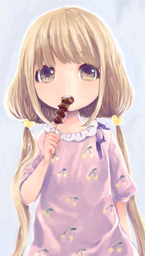 1girl blonde_hair brown_eyes cherry_print comeco eating food food_print futaba_anzu idolmaster idolmaster_cinderella_girls long_hair looking_at_viewer low_twintails open_mouth shirt solo twintails upper_body yakitori
