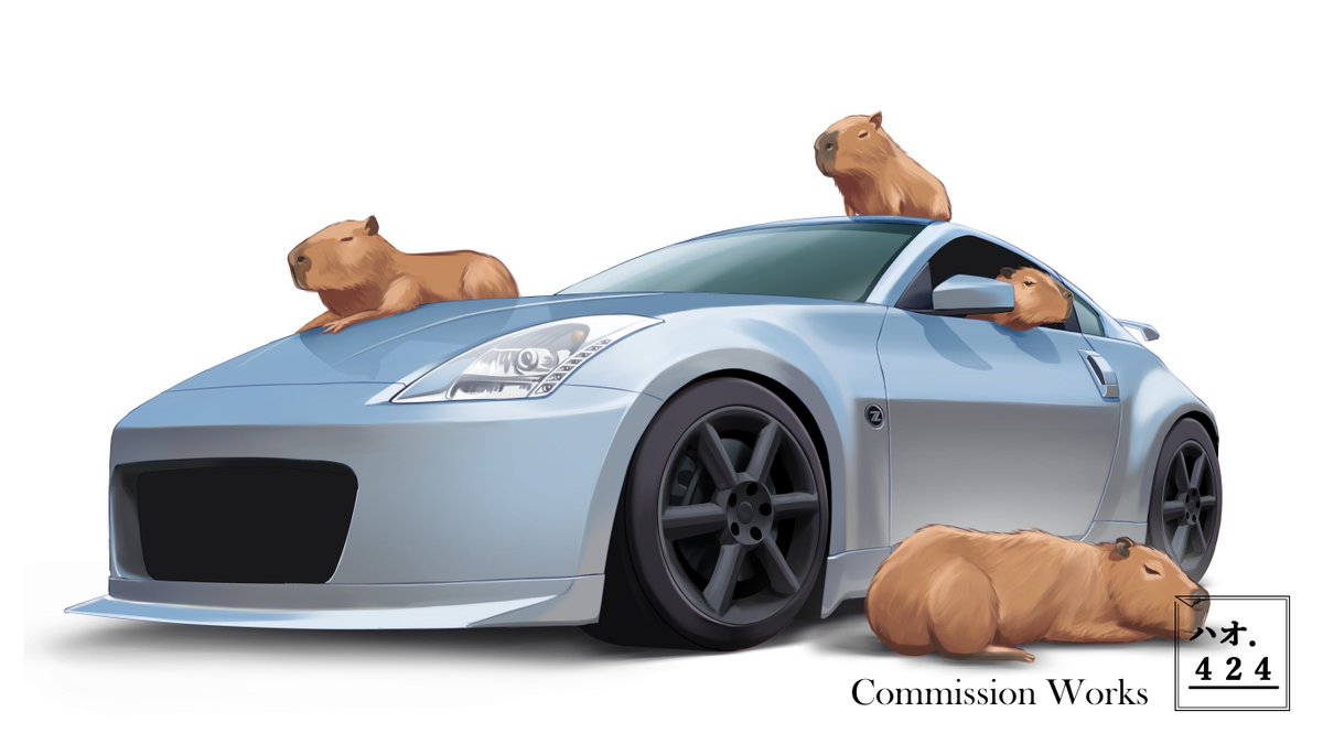 capybara car commission english_commentary haow motor_vehicle nissan nissan_350z nissan_fairlady_z no_humans original shadow spoiler_(automobile) sports_car vehicle_focus white_background