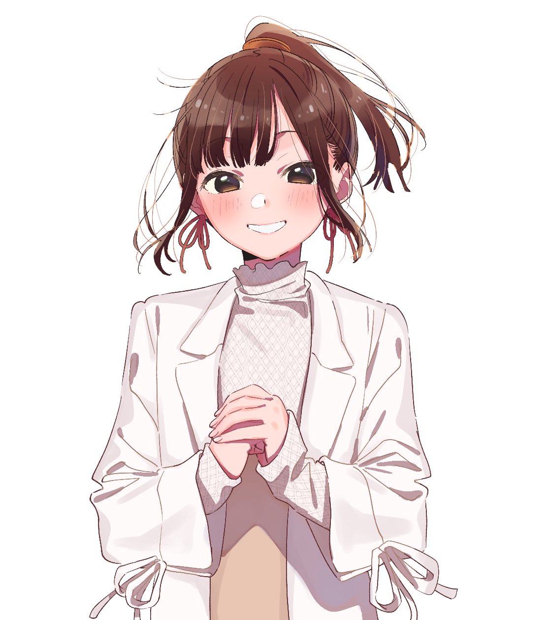 1girl blush brown_eyes brown_hair commentary earrings floating_hair hashtag_only_commentary highres hirayama_kanna jacket jewelry long_sleeves looking_at_viewer open_clothes open_jacket own_hands_clasped own_hands_together ponytail real_life short_hair sidelocks simple_background smile solo takahashi_rie voice_actor_connection white_background white_jacket