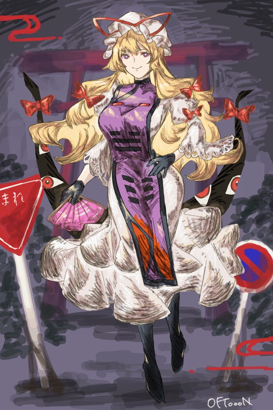 1girl aojirozame1228 apron artist_name black_gloves blonde_hair bow breasts bright_pupils closed_mouth dark_background dress extra_eyes frilled_hat frills full_body gap_(touhou) gloves hand_on_own_hip hat highres large_breasts long_hair looking_at_viewer mob_cap night night_sky no_entry_sign outdoors purple_apron red_bow road_sign sign signature sky smile solo standing torii touhou violet_eyes white_dress white_headwear white_pupils yakumo_yukari