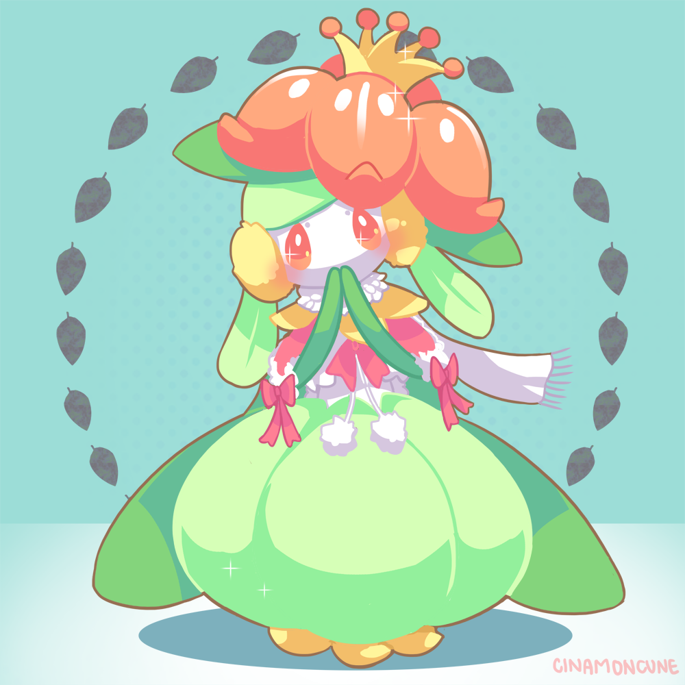 artist_name blush bow capelet cinamoncune commentary covering_own_mouth crown earmuffs english_commentary flower fringe_trim full_body fur-trimmed_capelet fur_trim green_background hat hat_flower head_tilt leaf lilligant looking_at_viewer mini_crown no_humans orange_eyes own_hands_together pink_bow pink_capelet pokemon pokemon_(creature) pom_pom_(clothes) red_flower scarf shadow simple_background solid_oval_eyes solo sparkling_eyes straight-on white_scarf winter_clothes yellow_headwear