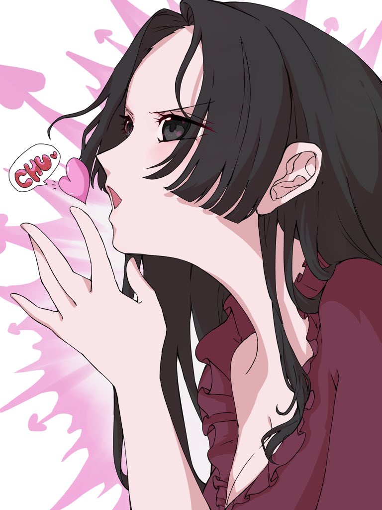 1girl black_hair boa_hancock close-up commentary_request frilled_shirt frills heart hime_cut looking_ahead one_piece purple_shirt shirt solo wakaremichi