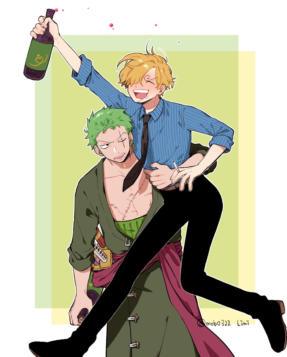 2boys annoyed arm_around_waist arm_up artist_name bare_pectorals black_necktie black_pants blonde_hair blue_shirt blush bottle carrying cigarette closed_eyes collared_shirt commentary curly_eyebrows drunk earrings frown green_background green_hair green_kimono hair_over_one_eye haramaki highres holding holding_bottle holding_cigarette japanese_clothes jewelry kimono long_bangs looking_at_another looking_up male_focus mob0322 multiple_boys multiple_swords necktie one_piece open_mouth pants pectorals roronoa_zoro sanji_(one_piece) scar scar_across_eye scar_on_chest scar_on_face shirt short_hair simple_background single_earring smile striped_clothes sword symbol-only_commentary twitter_username weapon white_background