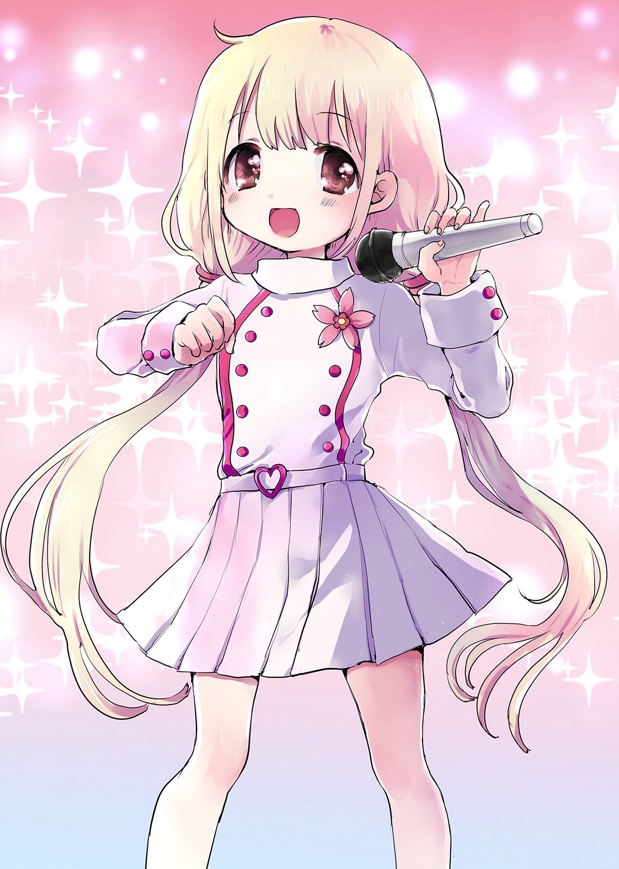 1girl blonde_hair blush brown_eyes comeco futaba_anzu heart_belt highres holding holding_microphone idolmaster idolmaster_cinderella_girls jacket long_hair looking_at_viewer low_twintails microphone open_mouth pleated_skirt skirt smile solo sparkle twintails white_jacket white_skirt