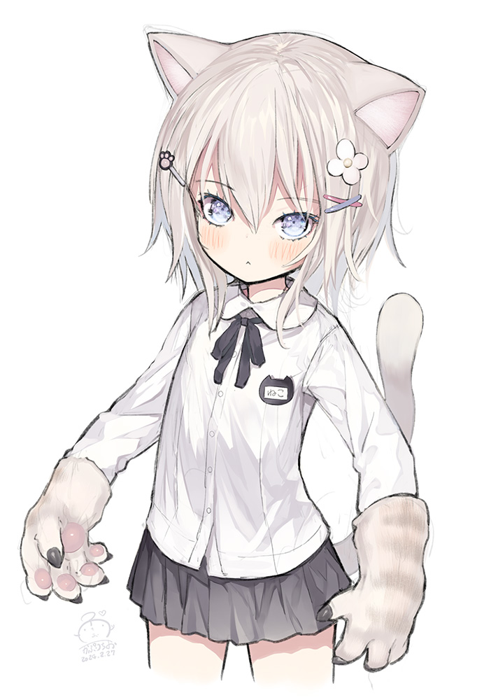 1girl :&lt; animal_ears animal_hands black_ribbon blue_eyes blush capriccio cat_ears cat_girl cat_tail closed_mouth collared_shirt commentary_request cropped_legs dated dress_shirt flower gloves grey_hair grey_skirt hair_between_eyes hair_flower hair_ornament hairclip looking_at_viewer neck_ribbon original paw_gloves paw_hair_ornament pleated_skirt ribbon shirt signature simple_background skirt solo standing tail white_background white_flower white_shirt