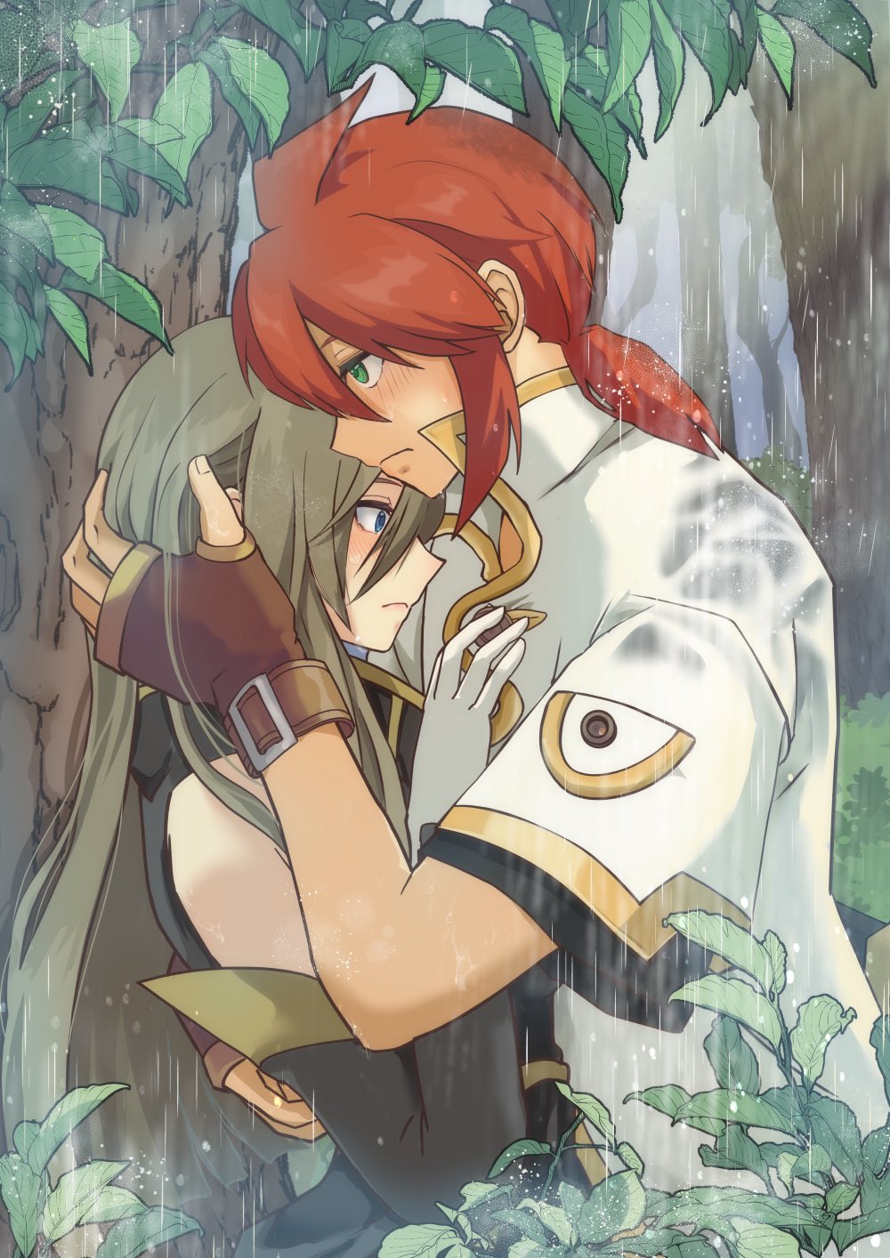 1boy 1girl blue_eyes blush brown_gloves closed_mouth coat commentary_request fingerless_gloves gloves gold_trim green_eyes grey_hair highres hug komegura leaf long_hair low_ponytail luke_fon_fabre medium_hair outdoors rain redhead tales_of_(series) tales_of_the_abyss tear_grants tree white_coat white_gloves