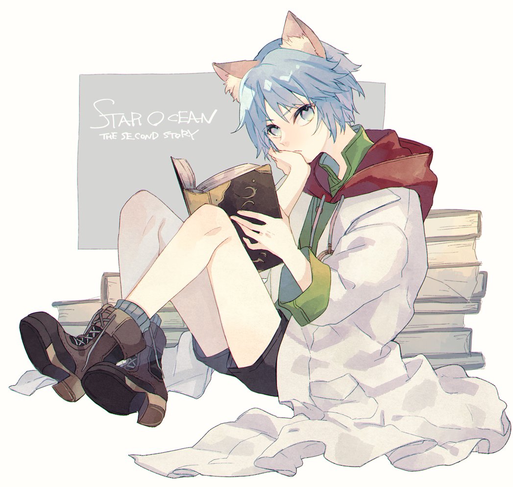 1boy animal_ears blue_eyes blue_hair book boots cat_boy cat_ears closed_mouth full_body holding holding_book lab_coat leon_geeste light_blue_hair looking_at_viewer male_focus shiraume_(hakubaian) short_hair shorts socks solo star_ocean star_ocean_the_second_story
