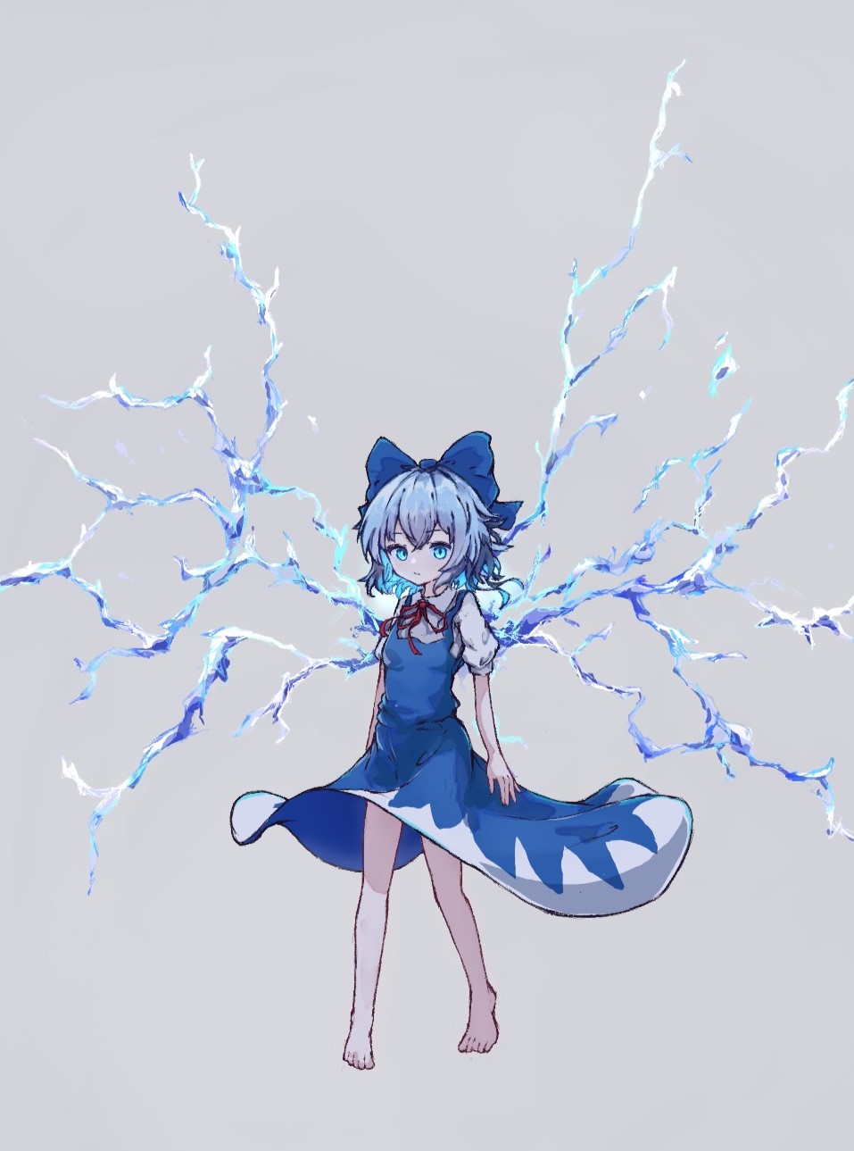 1girl arms_at_sides bare_arms bare_legs barefoot blue_bow blue_dress blue_eyes blue_hair blue_theme bow breasts cirno closed_mouth dress expressionless full_body grey_background highres ice ice_wings light_blue_hair looking_at_viewer myui17901139 neck_ribbon red_ribbon ribbon shirt short_hair short_sleeves sidelocks simple_background small_breasts solo standing toes touhou white_shirt wings