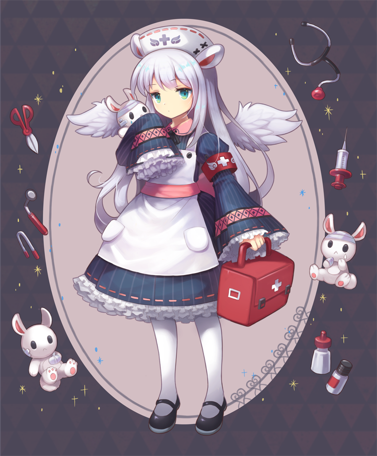 1girl angel_wings animal animal_ears apron aqua_eyes armband bandages black_footwear blue_dress bottle bow box circular_border dress dropper expressionless feathered_wings first_aid_kit frilled_dress frilled_sleeves frills full_body grey_hair hat holding holding_animal holding_box lolita_fashion long_hair lunaticmed mary_janes nurse nurse_cap original patterned_background rabbit rabbit_ears scissors shoes sleeves_past_fingers sleeves_past_wrists sparks stethoscope syringe tearing_up thigh-highs two-tone_background waist_bow white_apron white_thighhighs wings