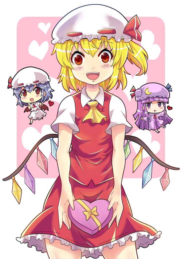 3girls ascot bat_wings blonde_hair blunt_bangs blush_stickers bow box chibi colonel_aki commentary_request crescent crescent_hat_ornament crescent_moon flandre_scarlet hair_between_eyes hat hat_ornament hat_ribbon heart heart-shaped_box long_hair long_sleeves looking_at_viewer mob_cap moon multiple_girls nightgown open_mouth patchouli_knowledge puffy_short_sleeves puffy_sleeves purple_hair red_eyes red_skirt remilia_scarlet ribbon shirt short_hair short_sleeves side_ponytail sidelocks skirt smile touhou valentine violet_eyes white_shirt white_skirt wings