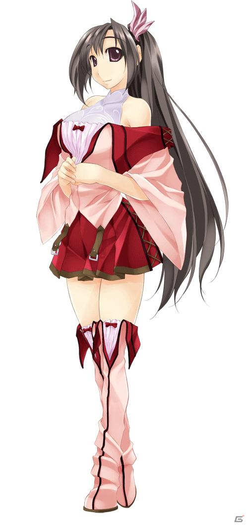 1girl atelier-moo bare_shoulders black_hair boots breasts closed_mouth curtained_hair hair_between_eyes hair_ribbon large_breasts lasting_anthem long_hair luna_soma red_eyes ribbon side_ponytail skirt smile solo standing very_long_hair zettai_ryouiki