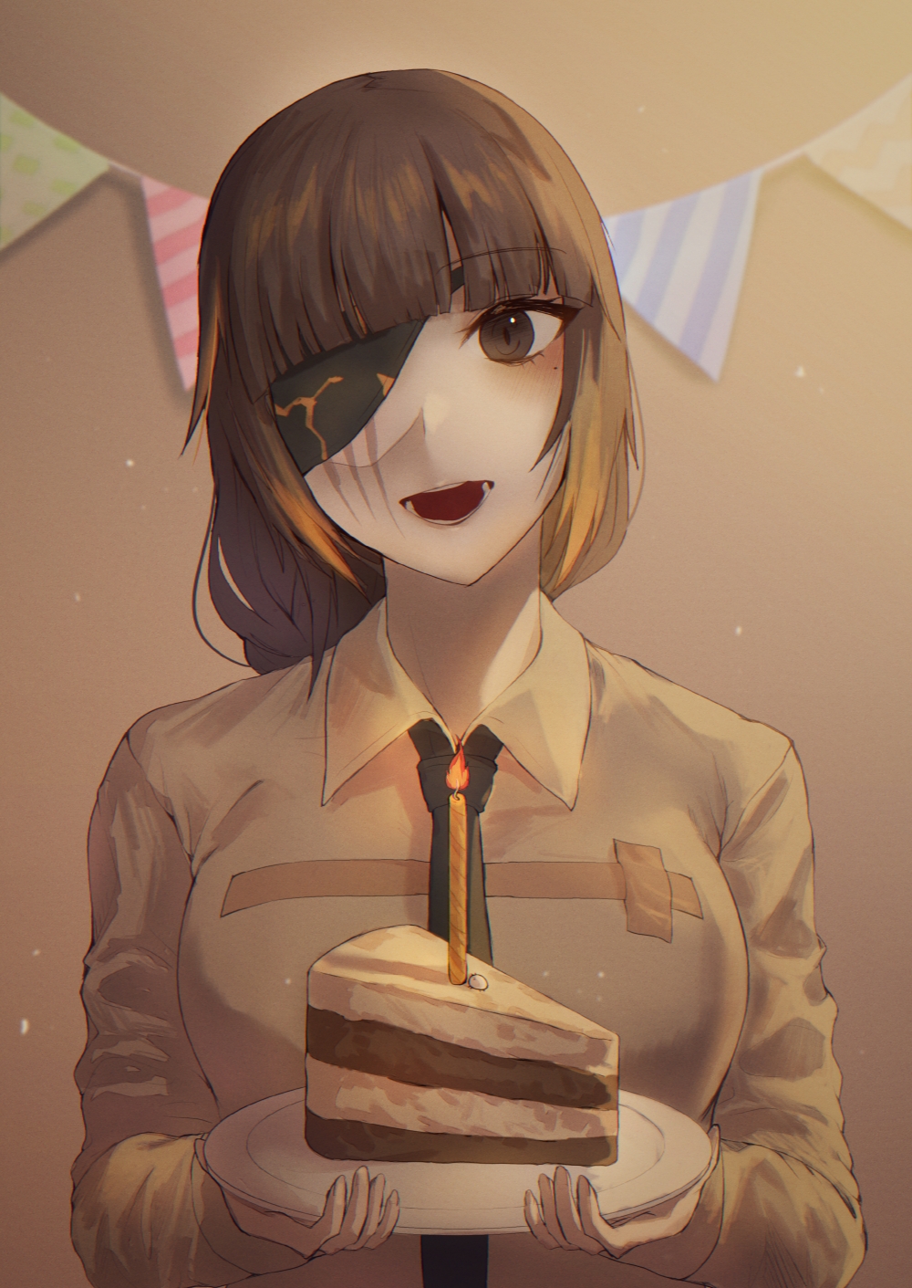 black_necktie braid brown_eyes brown_hair cake eyepatch food girls_frontline happy_birthday highres holding long_hair long_sleeves looking_at_viewer m16a1_(girls'_frontline) mole mole_under_eye multicolored_hair necktie open_mouth scar scar_on_face shirt solo xanax025 yellow_shirt