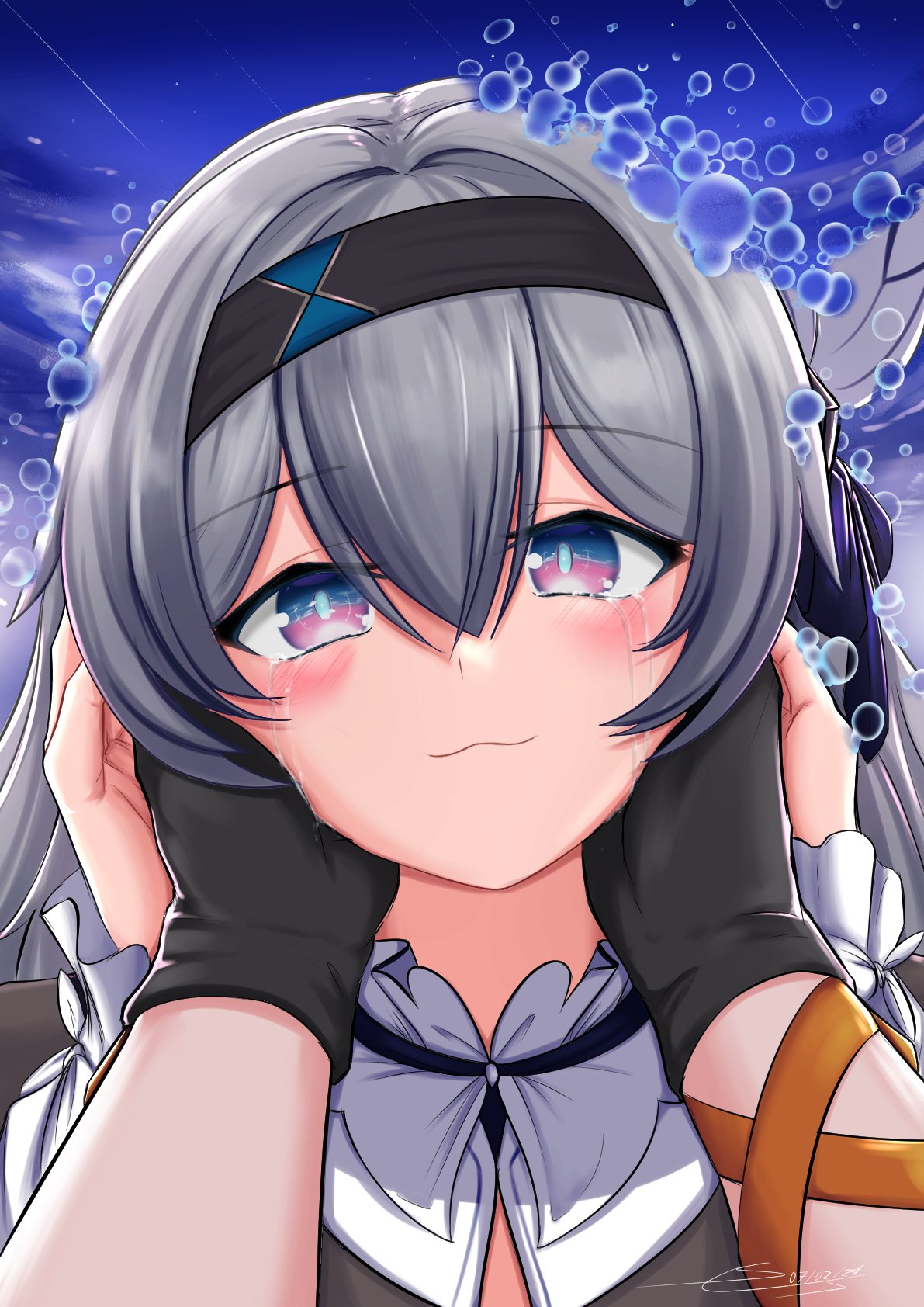 1boy 1girl black_gloves bubble caelus_(honkai:_star_rail) crying crying_with_eyes_open dy_sensis firefly_(honkai:_star_rail) gloves grey_hair hair_between_eyes hair_ornament hairband hand_on_another's_hand highres honkai:_star_rail honkai_(series) streaming_tears tears trailblazer_(honkai:_star_rail) two-tone_eyes
