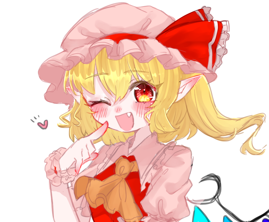 1girl aorin_oekaki blonde_hair flandre_scarlet frills hat hat_ribbon heart medium_hair mob_cap one_eye_closed open_mouth pointy_ears puffy_short_sleeves puffy_sleeves red_eyes red_ribbon ribbon short_sleeves side_ponytail simple_background solo touhou upper_body white_background