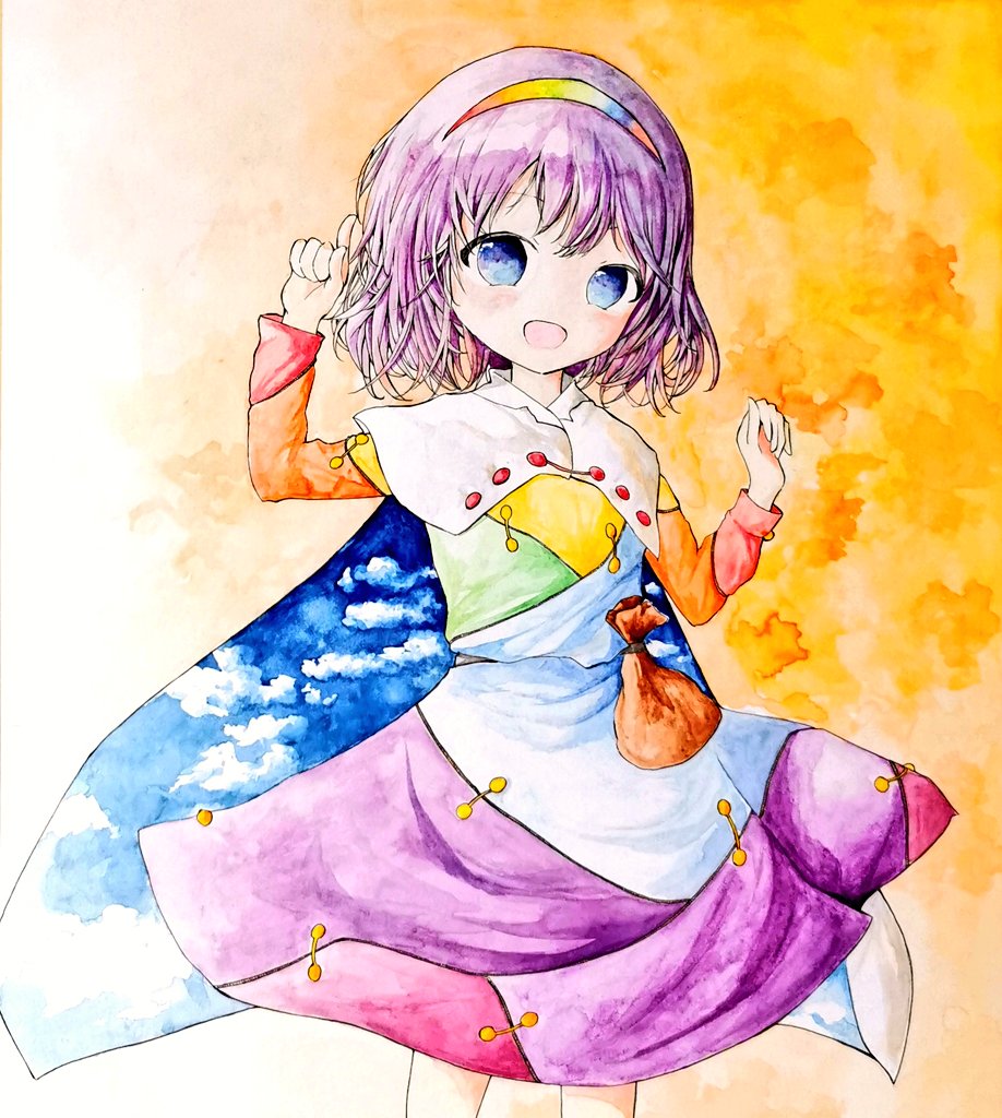 1girl blue_eyes cape cloak dress hair_between_eyes hairband long_sleeves looking_at_viewer multicolored_clothes multicolored_dress multicolored_hairband open_mouth orange_background patchwork_clothes purple_hair rainbow_gradient short_hair sky_print smile solo tenkyuu_chimata touhou unconnected_marketeers white_cape white_cloak yoko_jzz30