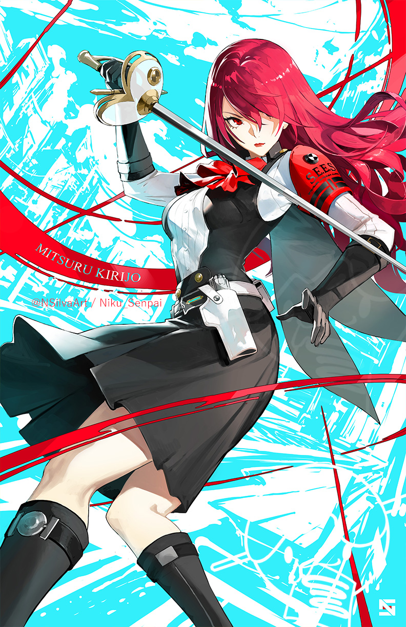 1girl armband black_footwear black_gloves boots character_name closed_mouth commentary english_commentary floating_hair gloves hair_over_one_eye highres holding holding_sword holding_weapon kirijou_mitsuru lips long_hair nikusenpai official_alternate_costume one_eye_covered persona persona_3 persona_3_reload rapier red_armband red_eyes red_lips redhead solo sword twitter_username weapon