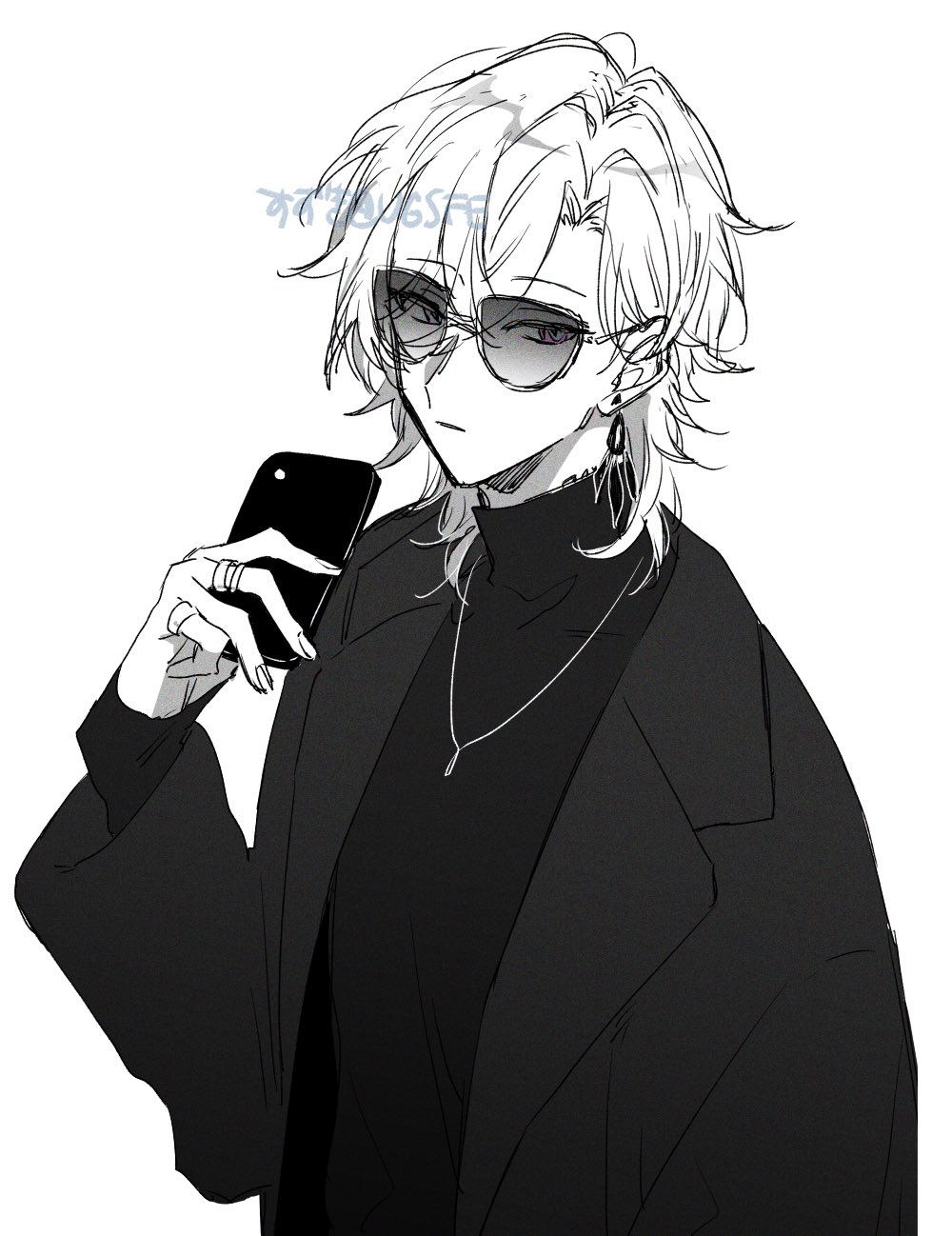 1boy :| arm_at_side aventurine_(honkai:_star_rail) cellphone closed_mouth earrings expressionless greyscale hair_between_eyes highres holding holding_phone honkai:_star_rail honkai_(series) jacket jewelry long_sleeves looking_at_viewer male_focus medium_hair monochrome open_clothes open_jacket parted_hair pendant phone sidelocks smartphone solo spot_color sunglasses turtleneck_shirt ugsfe upper_body violet_eyes