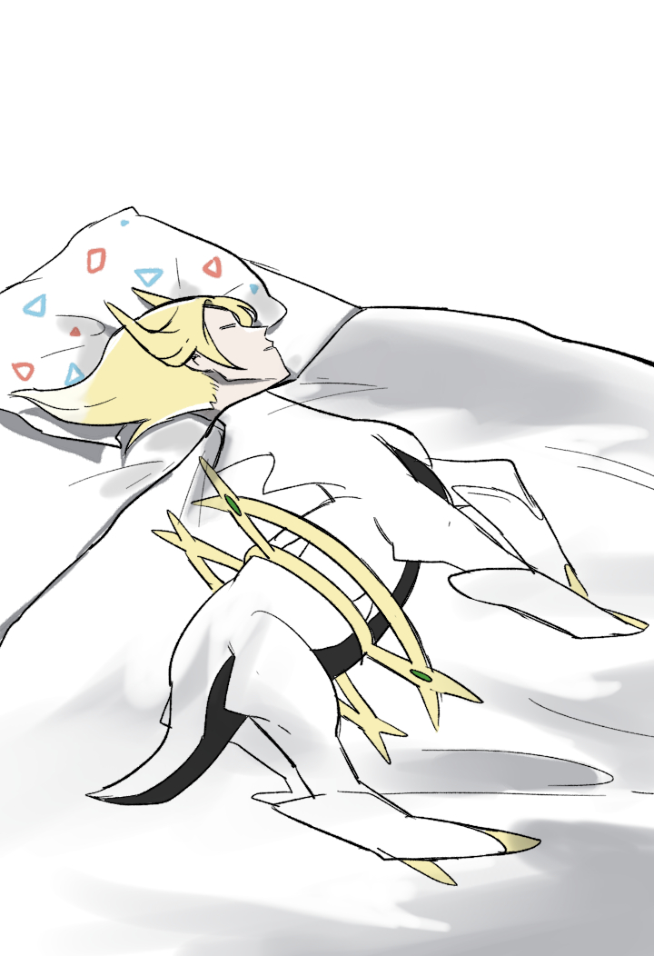 1boy arceus bed blonde_hair closed_eyes dda_sso hair_horns lying male_focus on_back on_bed pillow pokemon pokemon_legends:_arceus simple_background sleeping solo under_covers volo_(pokemon) white_background