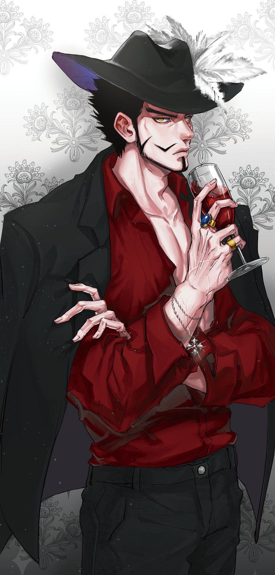 1boy alcohol alternate_costume artist_request beard black_hair black_headwear closed_mouth cup dracule_mihawk drinking_glass facial_hair hat hat_feather highres holding holding_cup jewelry male_focus mustache one_piece ring short_hair sideburns solo third-party_source wine_glass yellow_eyes