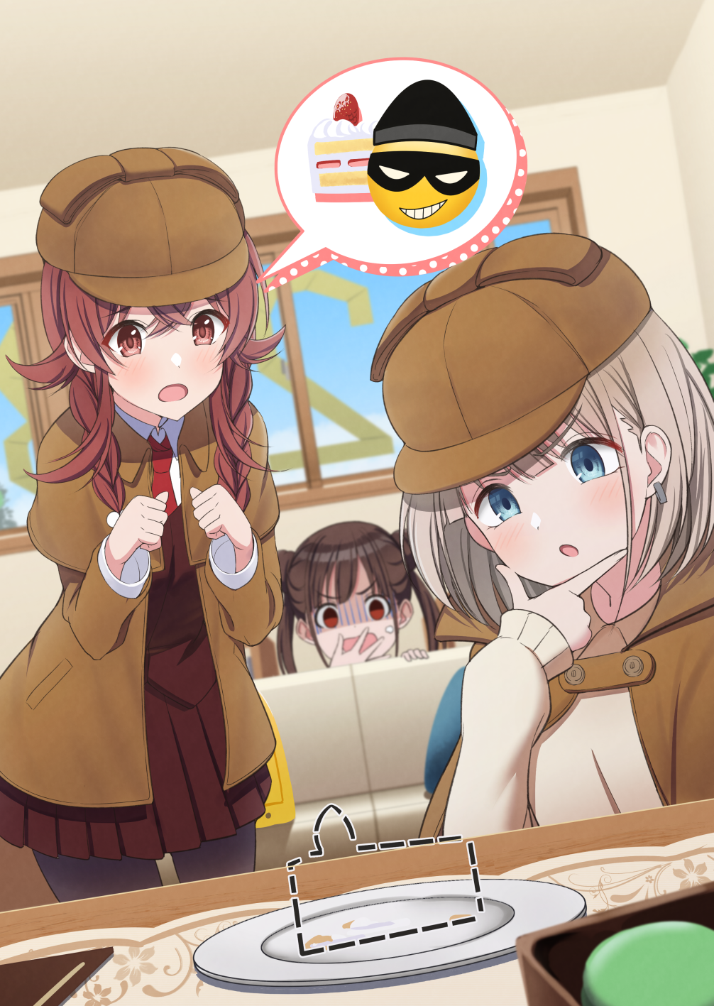 3girls braid brown_cape brown_dress brown_hair brown_headwear cape commentary_request couch detective dress food food_on_face grey_hair hand_on_own_chin highres idolmaster idolmaster_shiny_colors indoors komiya_kaho looking_at_another looking_at_object multiple_girls osoba_susurukun peeking_out redhead serizawa_asahi sonoda_chiyoko spoken_object stroking_own_chin turn_pale twin_braids