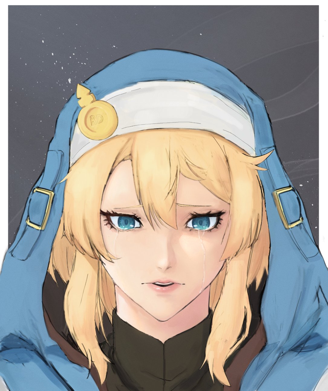 androgyne_symbol blonde_hair bridget_(guilty_gear) crying crying_with_eyes_open guilty_gear guilty_gear_strive habit highres hood hooded_jacket hoodie jacket parted_lips portrait simple_background solo tears