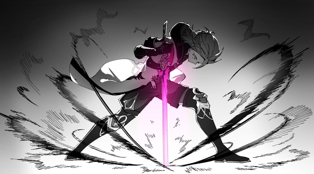 1boy albedo_(genshin_impact) boots coat genshin_impact gloves greyscale holding holding_sword holding_weapon hood hooded_coat male_focus mistsplitter_reforged_(genshin_impact) monochrome planted planted_sword scor_lu shorts simple_background solo spot_color standing sword thigh_boots weapon