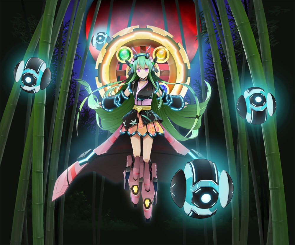 1girl animal_ear_hairband animal_ears artist_request bamboo breasts cape cosmic_break dango_hair_ornament detached_sleeves drone fake_animal_ears food-themed_hair_ornament green_hair hair_ornament hairband halo leg_armor long_hair looking_at_viewer medium_breasts moon official_art outstretched_arms red_moon second-party_source skirt tsukuyomi_mikoto very_long_hair violet_eyes