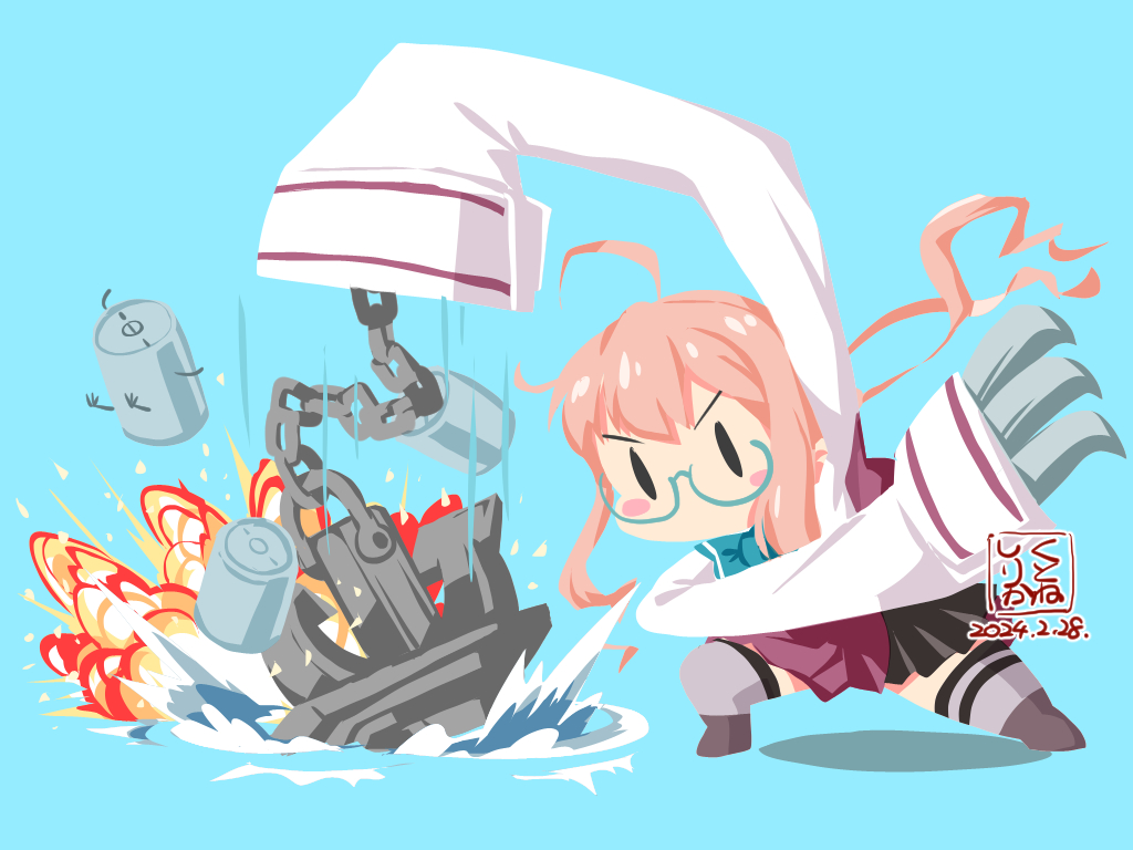 1girl anchor aqua-framed_eyewear aqua_background artist_logo claw_(weapon) collared_shirt dated depth_charge dress_shirt glasses grey_thighhighs kantai_collection kutone_shirika makigumo_(kancolle) makigumo_kai_ni_(kancolle) no_mouth shirt sleeves_past_fingers sleeves_past_wrists solid_oval_eyes solo thigh-highs weapon white_shirt