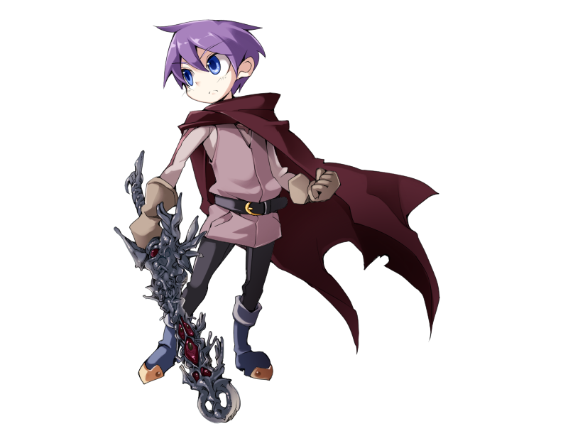 1boy angel_halo_(mon-musu_quest!) belt black_belt black_pants blue_eyes blue_footwear bmp-to-png_conversion boots brown_shirt brown_tunic cape clenched_hand closed_mouth determined frfr full_body game_cg gloves holding holding_sword holding_weapon long_sleeves luka_(mon-musu_quest!) mon-musu_quest! non-web_source pants purple_hair red_cape shirt short_hair simple_background solo standing sword transparent_background weapon white_gloves