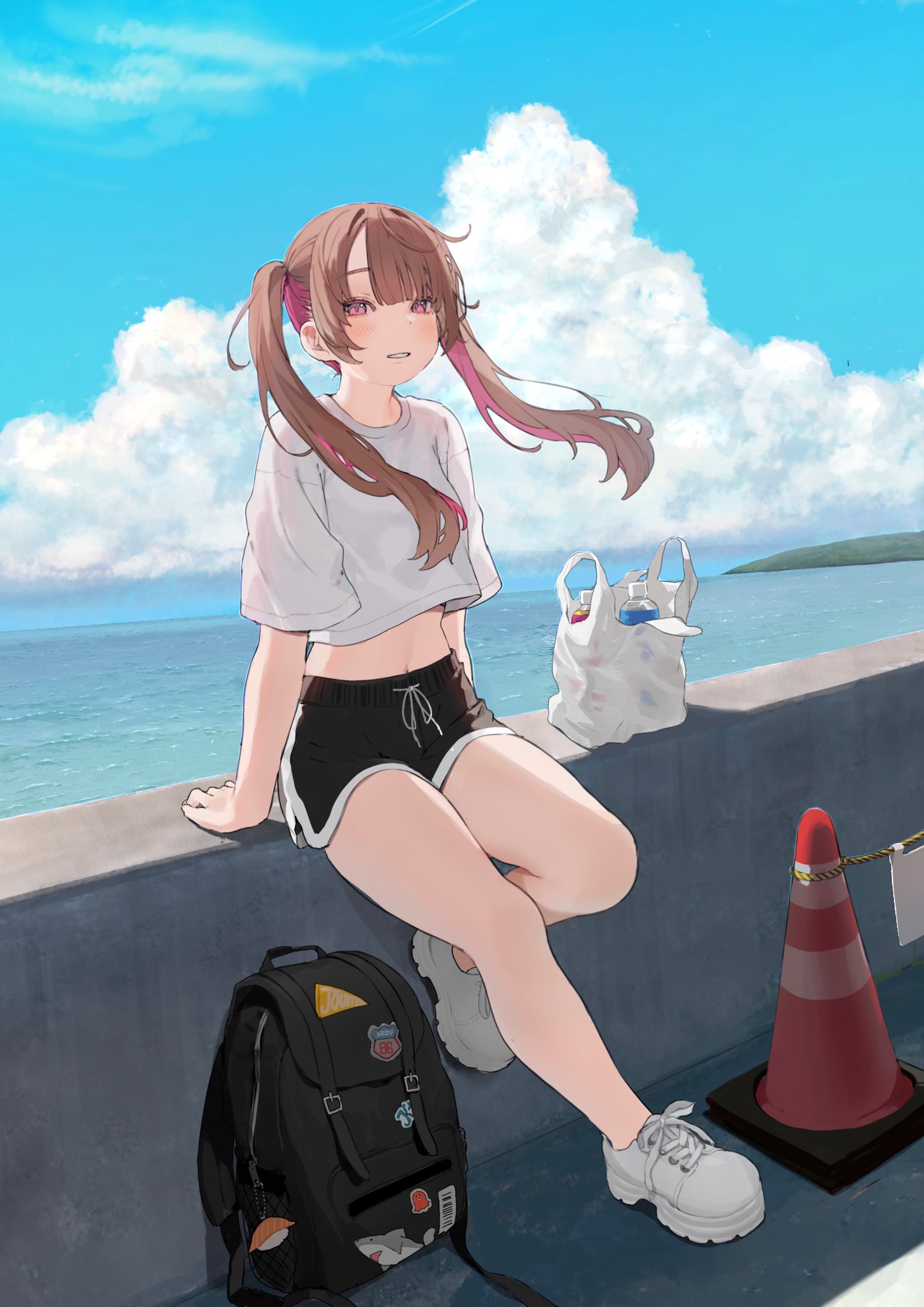 1girl backpack bag blue_sky blush brown_hair clouds crop_top daluto_(hitomi555) day dolphin_shorts full_body highres horizon light_smile long_hair looking_at_viewer navel ocean original outdoors parted_lips pink_eyes pink_hair shirt shoes short_shorts shorts sitting sky sneakers solo traffic_cone twintails wind