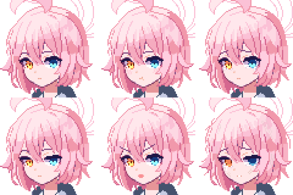1girl ahoge blue_archive blue_eyes blush closed_mouth hair_between_eyes halo heterochromia hoshino_(blue_archive) hoshino_(young)_(blue_archive) multiple_views open_mouth pink_hair pink_halo pixel_art short_hair simple_background tinia_etru white_background yellow_eyes