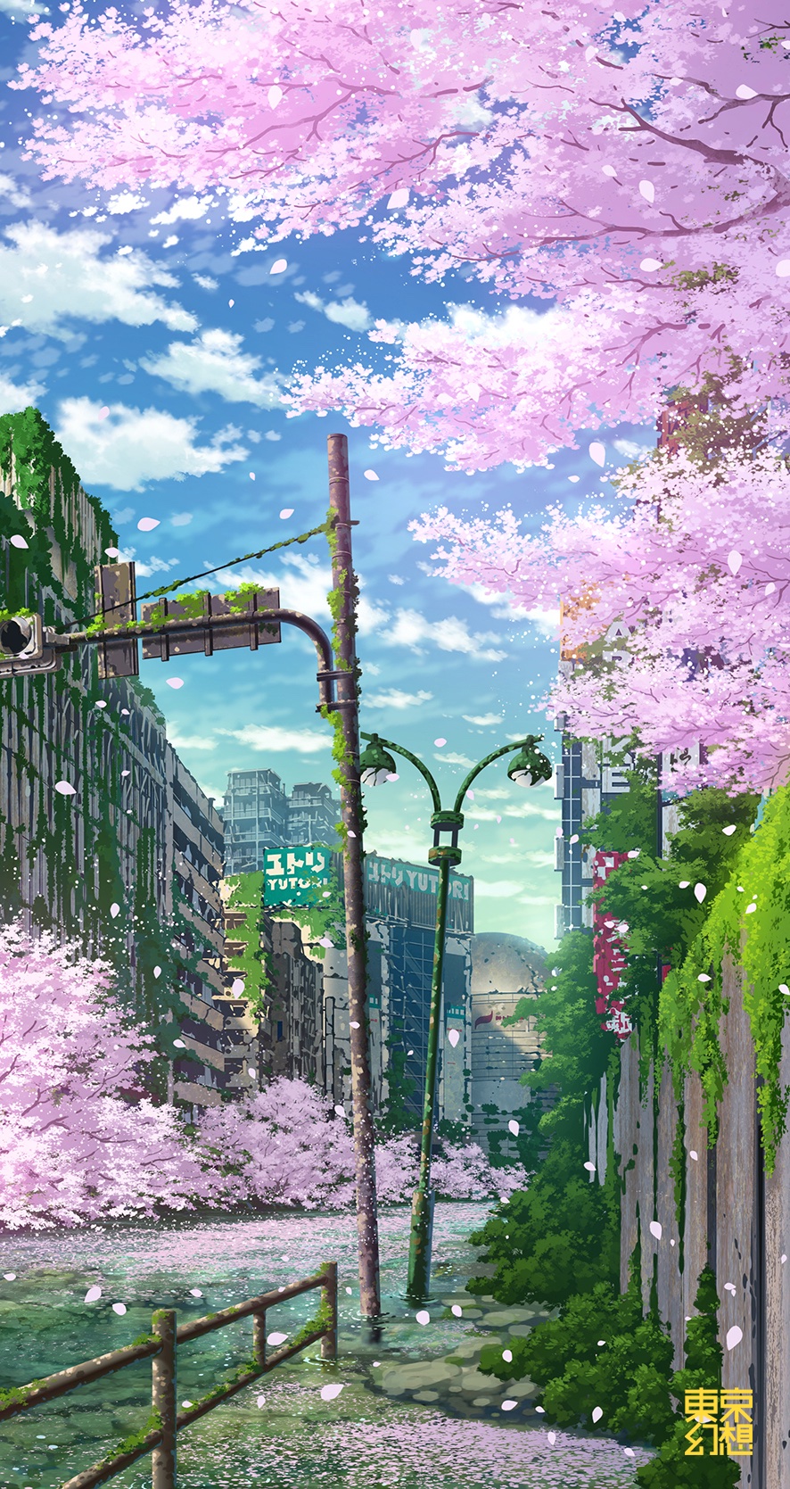 abandoned blue_sky building clouds commentary_request day dilapidated highres lamppost moss no_humans original outdoors overgrown petals post-apocalypse road ruins scenery sign sky street tokyogenso traffic_light tree water