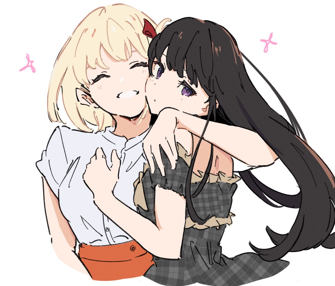 2girls arm_around_neck atenaba black_dress black_hair blonde_hair cheek-to-cheek closed_eyes closed_mouth commentary cropped_torso dress hair_ribbon hand_on_another's_shoulder hashtag_only_commentary heads_together inoue_takina long_hair looking_at_viewer lycoris_recoil medium_hair multiple_girls nishikigi_chisato off-shoulder_dress off_shoulder open_mouth orange_skirt plaid plaid_dress red_ribbon ribbon shirt shirt_tucked_in short_sleeves simple_background skirt smile upper_body violet_eyes white_background white_shirt yuri
