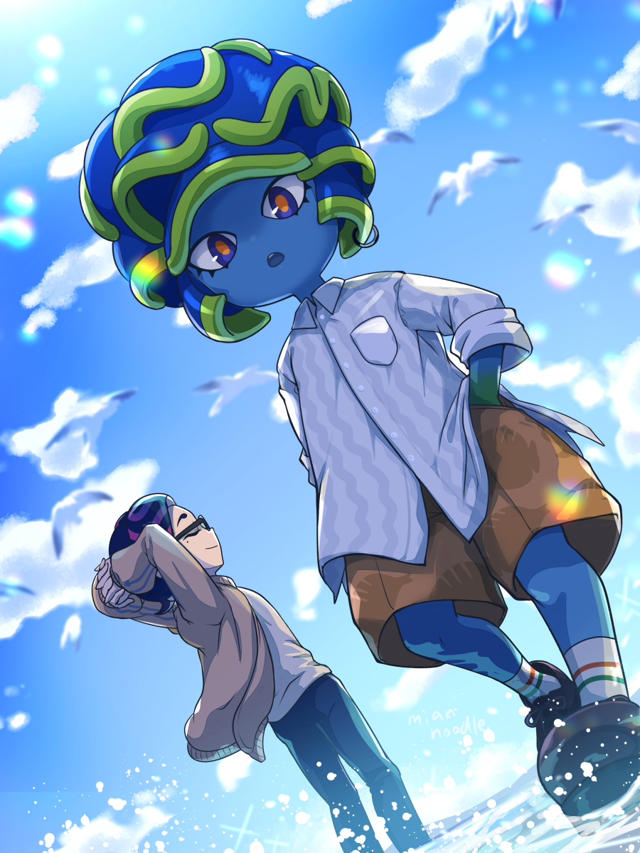 2boys black_footwear black_pants blue_eyes blue_skin blue_sky breast_pocket brown_jacket brown_shorts closed_eyes clouds cloudy_sky collared_shirt colored_skin cory_(splatoon) day dutch_angle glasses highres jacket lionel_(splatoon) long_sleeves mian_noodle multiple_boys open_mouth outdoors pants pocket profile red_pupils shirt shoes shorts sky smile socks splatoon_(series) water white_shirt