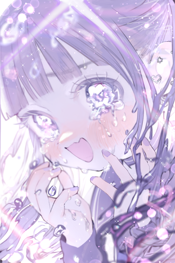 1girl blush close-up crying crying_with_eyes_open floating_hair long_hair looking_at_viewer open_mouth original purple_hair purple_nails sailor_collar smile solo tears twintails violet_eyes water_drop wavy_eyes wolrero