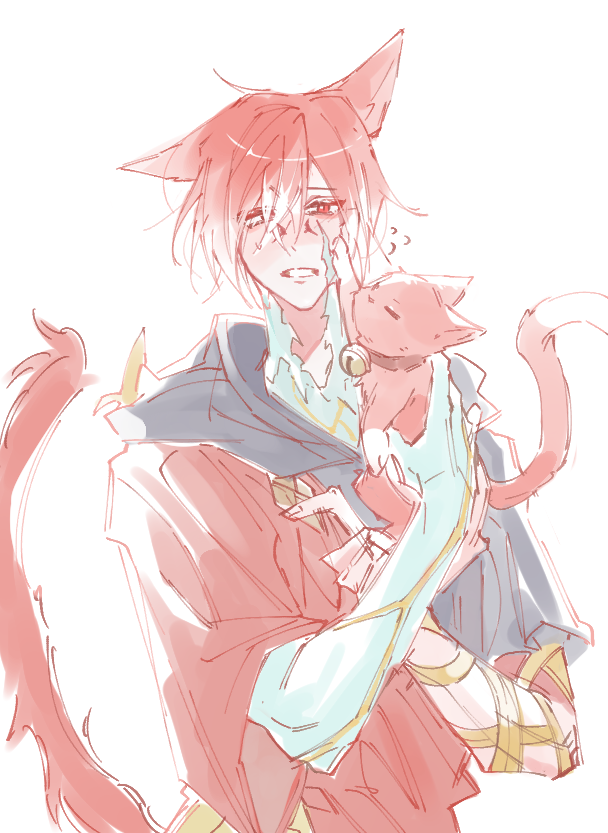 1boy animal animal_ears bell cat cat_ears cat_tail crystal_exarch final_fantasy final_fantasy_xiv g'raha_tia holding holding_animal holding_cat hooded_robe jingle_bell male_focus neck_bell open_mouth red_eyes redhead robe tail tladpwl03