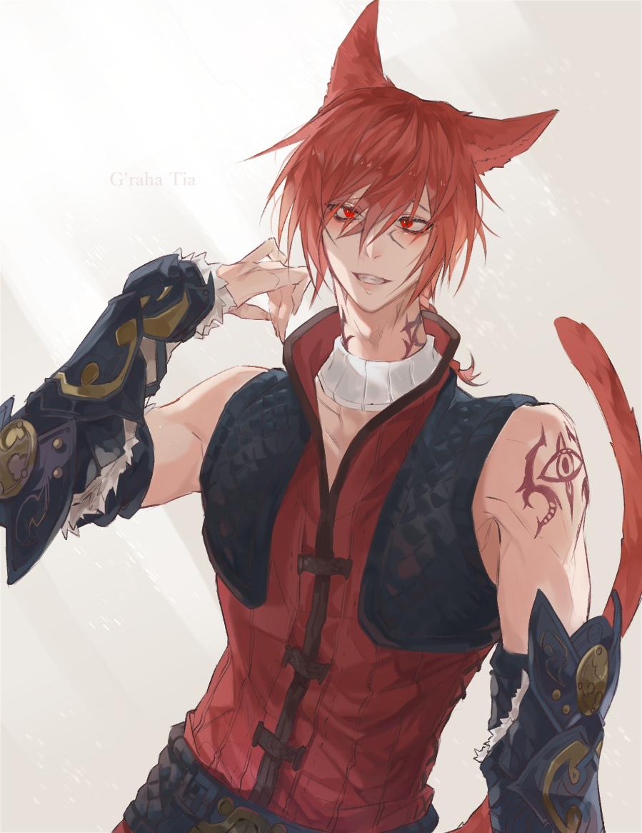 1boy animal_ears black_vest braid cat_ears cat_tail character_name final_fantasy final_fantasy_xiv g'raha_tia hand_up jacket long_hair looking_at_viewer male_focus red_eyes red_jacket redhead shoulder_tattoo smile tail tattoo tladpwl03 upper_body vest