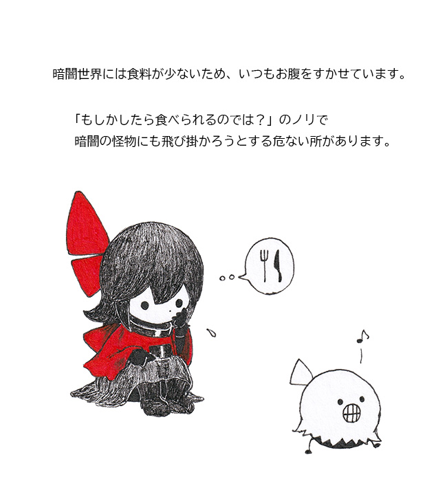 ballpoint_pen_(medium) boots capelet character_profile chibi creature dress gloves greyscale hand_on_own_knee hino_(yatara) knees_up looking_at_creature monochrome musical_note no_mouth original red_capelet red_ribbon ribbon simple_background sitting solid_circle_eyes spoken_symbol spot_color thinking thought_bubble traditional_media translation_request yatara