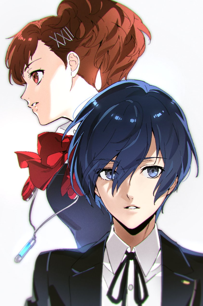 1boy 1girl black_jacket black_ribbon blue_eyes blue_hair bow bowtie brown_hair chromatic_aberration collared_shirt commentary digital_media_player eyes_visible_through_hair gekkoukan_high_school_uniform hair_between_eyes hair_ornament hairclip highres jacket looking_at_viewer looking_to_the_side neck_ribbon parted_lips persona persona_3 persona_3_portable ponytail red_bow red_eyes ribbon school_uniform shiomi_kotone shirt sideways_mouth simple_background symbol-only_commentary upper_body white_background wing_collar yuuki_makoto_(persona_3) zn242878163