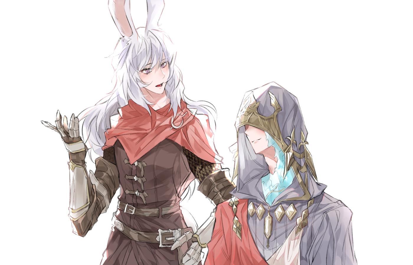 1boy 1girl animal_ears armor capelet chainmail closed_mouth crystal_exarch final_fantasy final_fantasy_xiv g'raha_tia gauntlets height_difference hood hood_up hooded_robe long_hair looking_at_another lyna_(ff14) rabbit_ears red_capelet robe simple_background smile tall_female tladpwl03 viera violet_eyes white_background white_hair