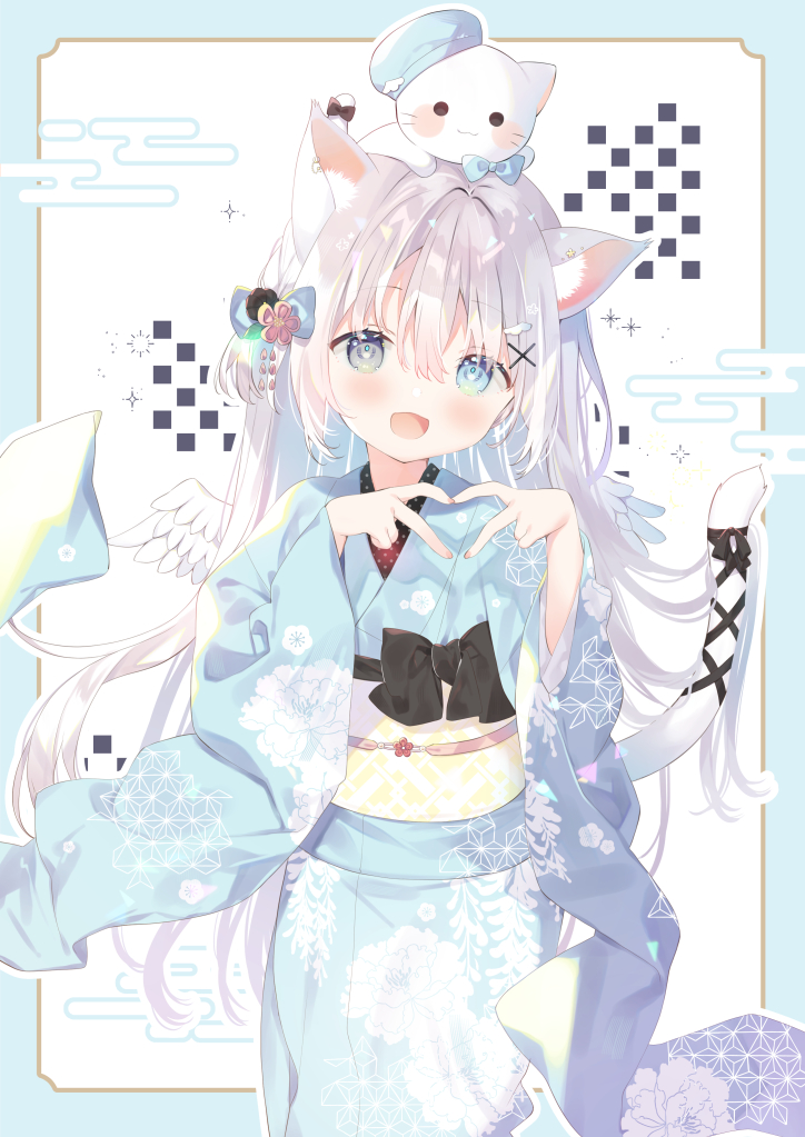 1girl :d animal animal_ear_fluff animal_ears animal_on_head beret black_ribbon blue_bow blue_headwear blue_kimono bow cat cat_ears cat_girl cat_tail commentary_request commission egasumi feathered_wings hair_bow hair_ornament hands_up hat heart heart_hands indie_virtual_youtuber japanese_clothes kimono long_sleeves mini_wings obi on_head ribbon sash skeb_commission smile solo sorashi_purumu tail tail_ornament tail_ribbon virtual_youtuber white_background white_cat white_wings wide_sleeves wing_hair_ornament wings x_hair_ornament yuizaki_kazuya