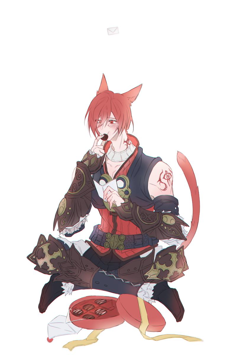 1boy animal_ears black_footwear blush box box_of_chocolates cat_ears cat_tail eating final_fantasy final_fantasy_xiv g'raha_tia highres holding holding_sign indian_style male_focus red_eyes redhead shoulder_tattoo sign simple_background sitting slit_pupils tail tattoo tladpwl03 white_background