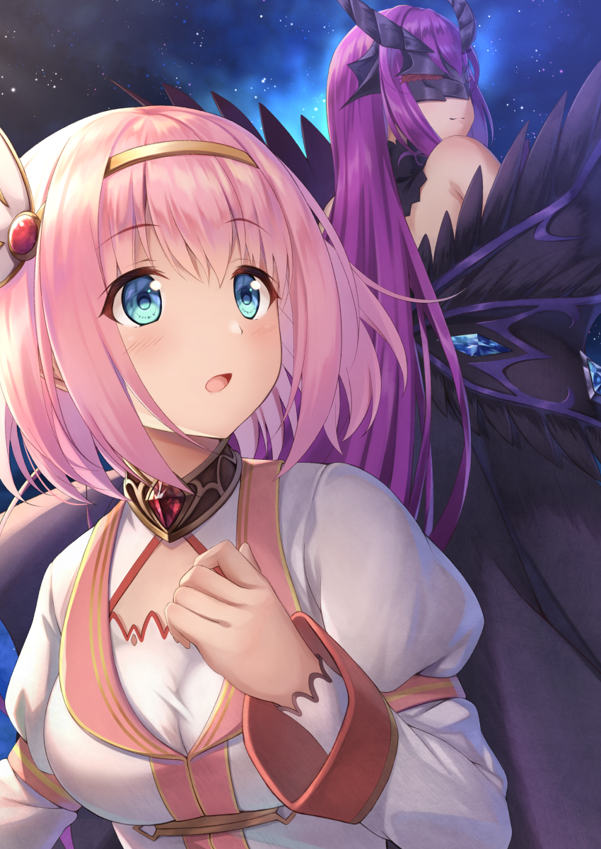 2girls black_mask black_wings blue_eyes blush breasts closed_mouth dress eris_(princess_connect!) hair_ornament highres horns mask multiple_girls open_mouth pink_hair princess_connect! short_hair wings yui_(princess_connect!) yuririn_poi