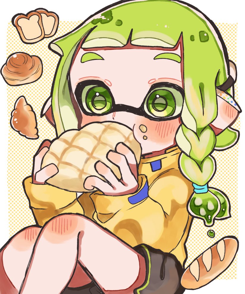 1girl baguette black_shorts border braid braided_sidelock bread bread_slice commentary_request croissant eating food green_eyes green_hair holding holding_food inkling inkling_girl inkling_player_character jacket long_hair melon_bread outside_border pointy_ears pomepome_05 shorts single_braid sleeves_past_wrists solo splatoon_(series) tentacle_hair white_border yellow_background yellow_jacket