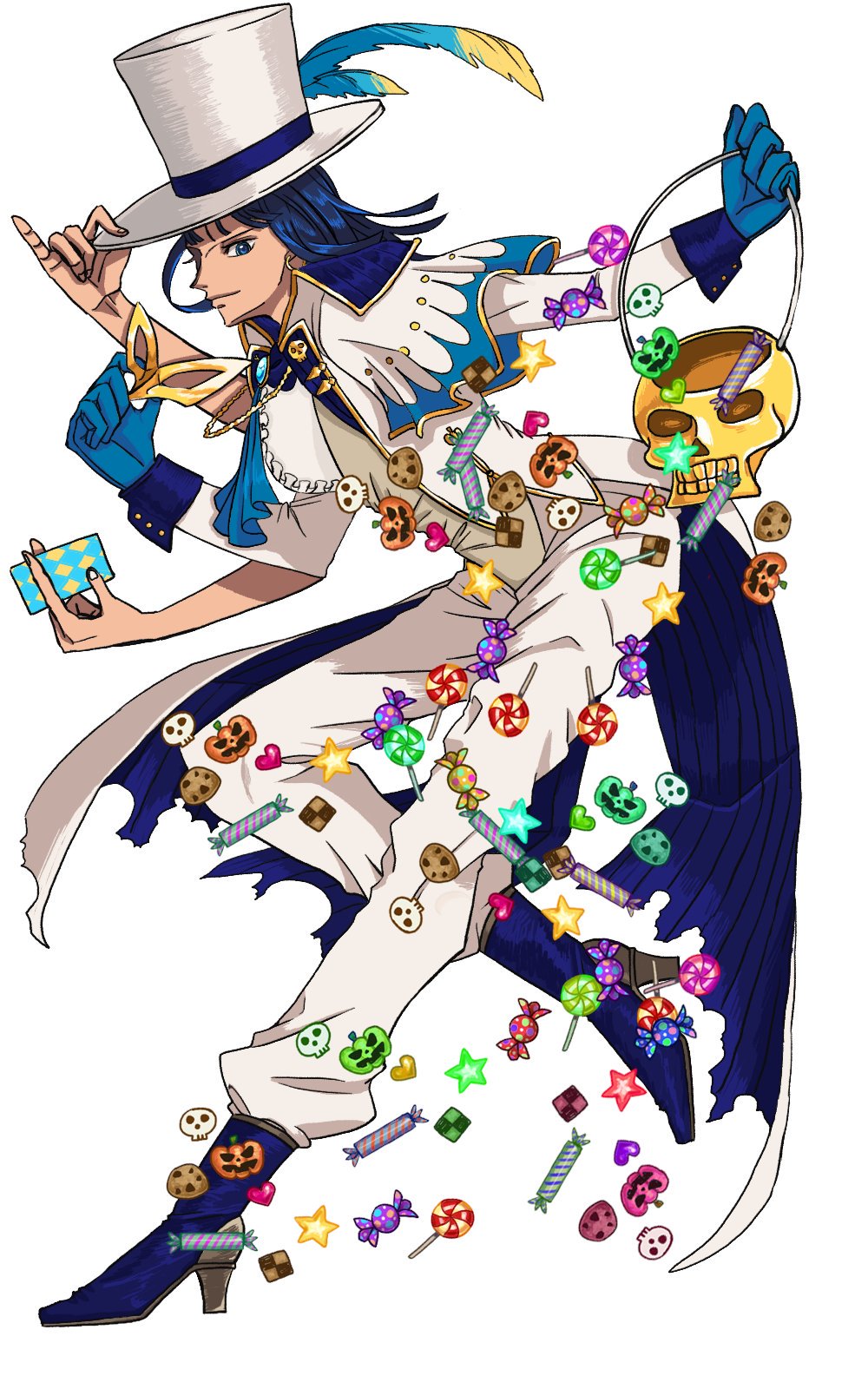 1girl blue_eyes blue_gloves blue_hair blueeblin candy capelet card commentary_request extra_arms feathers food gloves hat high_heels highres korean_commentary looking_at_viewer nico_robin one_piece pants profile simple_background solo white_background white_pants