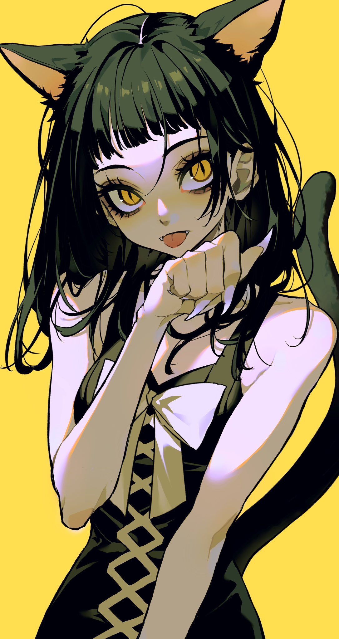 1girl animal_ears bare_arms bare_shoulders black_dress black_hair blunt_bangs cat_ears cat_girl cat_tail claws commission cross-laced_clothes cross-laced_dress dress facing_viewer fangs fingernails hand_up highres long_fingernails medium_hair original ribbon simple_background skeb_commission sleeveless sleeveless_dress slit_pupils solo tail thick_eyelashes tongue tongue_out upper_body urkt_10 white_nails white_ribbon yellow_background yellow_eyes
