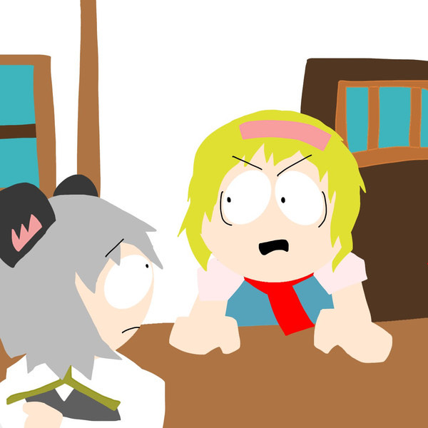 2girls alice_margatroid angry animal_ears blonde_hair cookie_(touhou) grey_hair hairband ichigo_(cookie) nazrin nyon_(cookie) open_mouth rat_ears south_park touhou